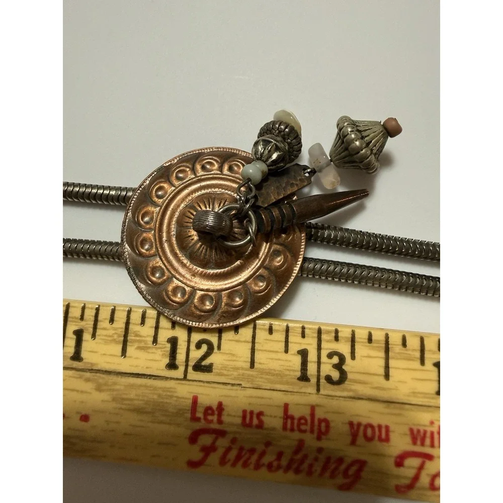 Vintage Circular Copper Look Pendant Bolo Tie On Chain Pierced Earrings Unique